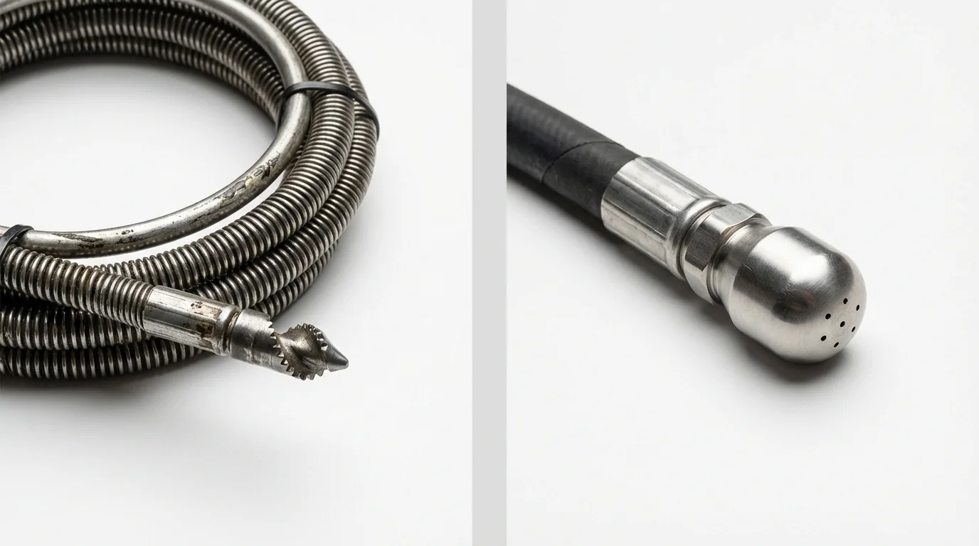 Drain snake cable and hydro jetting nozzle used for drain cleaning in Midway, PA