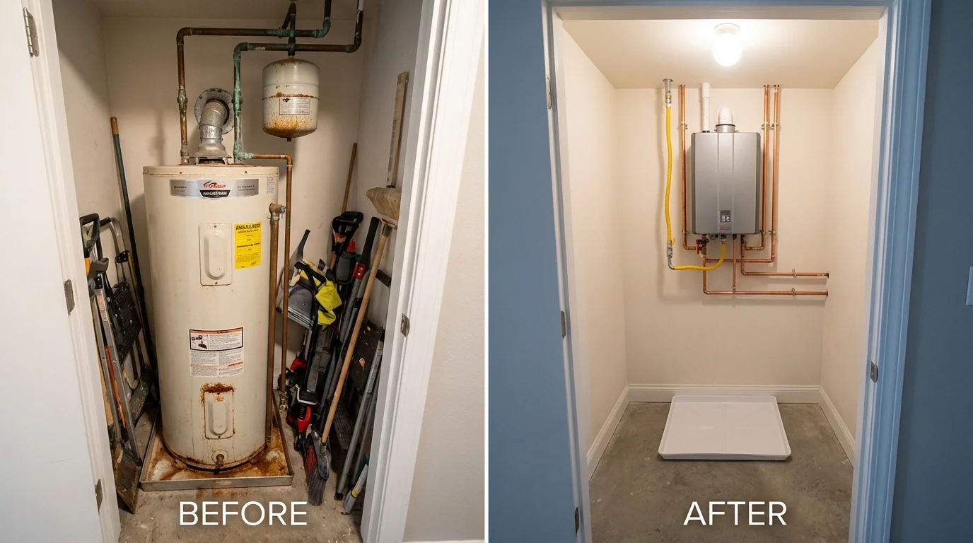 Tank water heater versus wall-mounted tankless unit comparison for Midway, PA homeowners