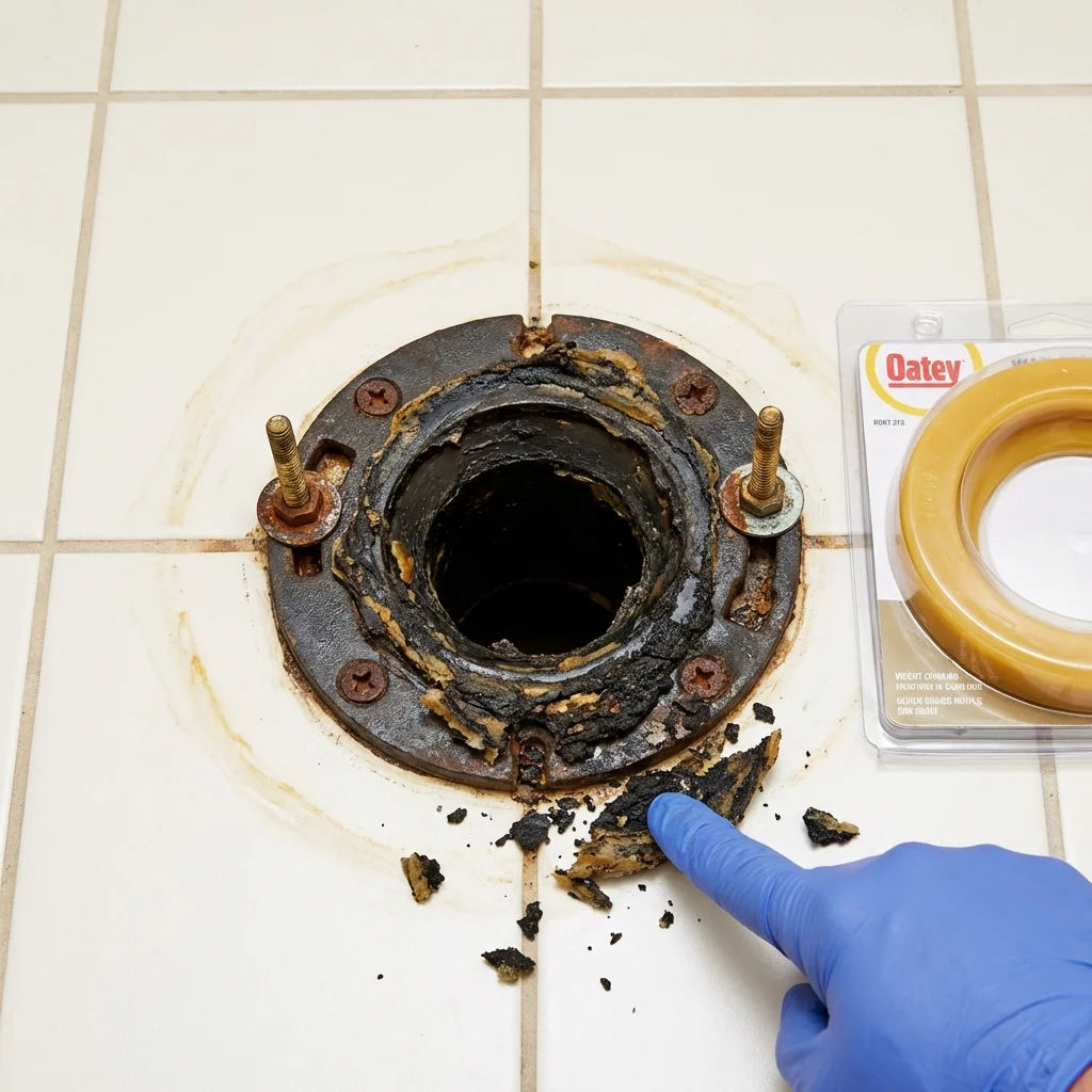 Failed wax ring showing water seepage at the base of a toilet in a Midway, PA home