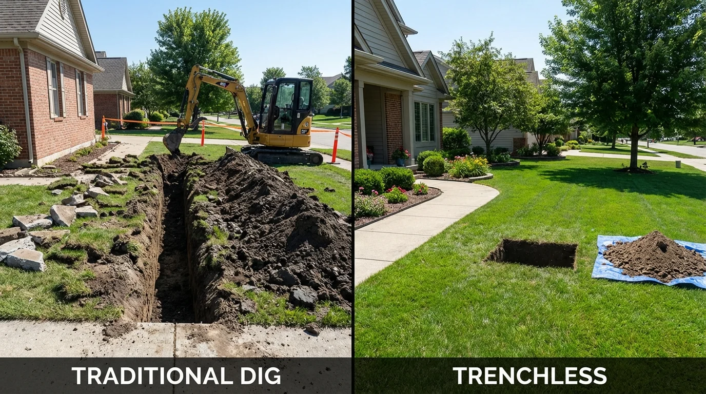 Trenchless sewer repair with minimal yard damage versus traditional excavation in Midway, PA
