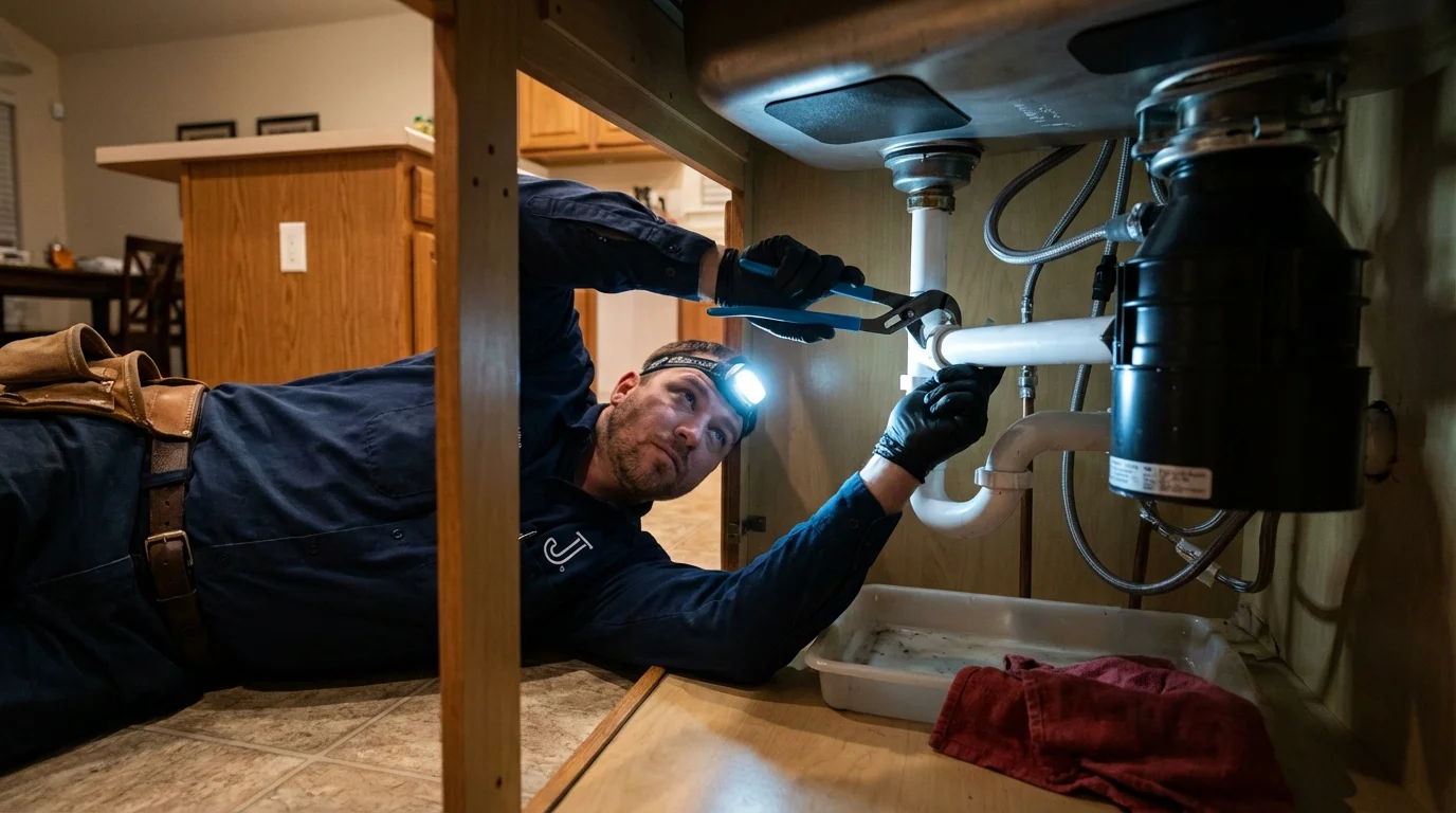P-trap and supply line connections under a kitchen sink showing a common leak point in Midway, PA
